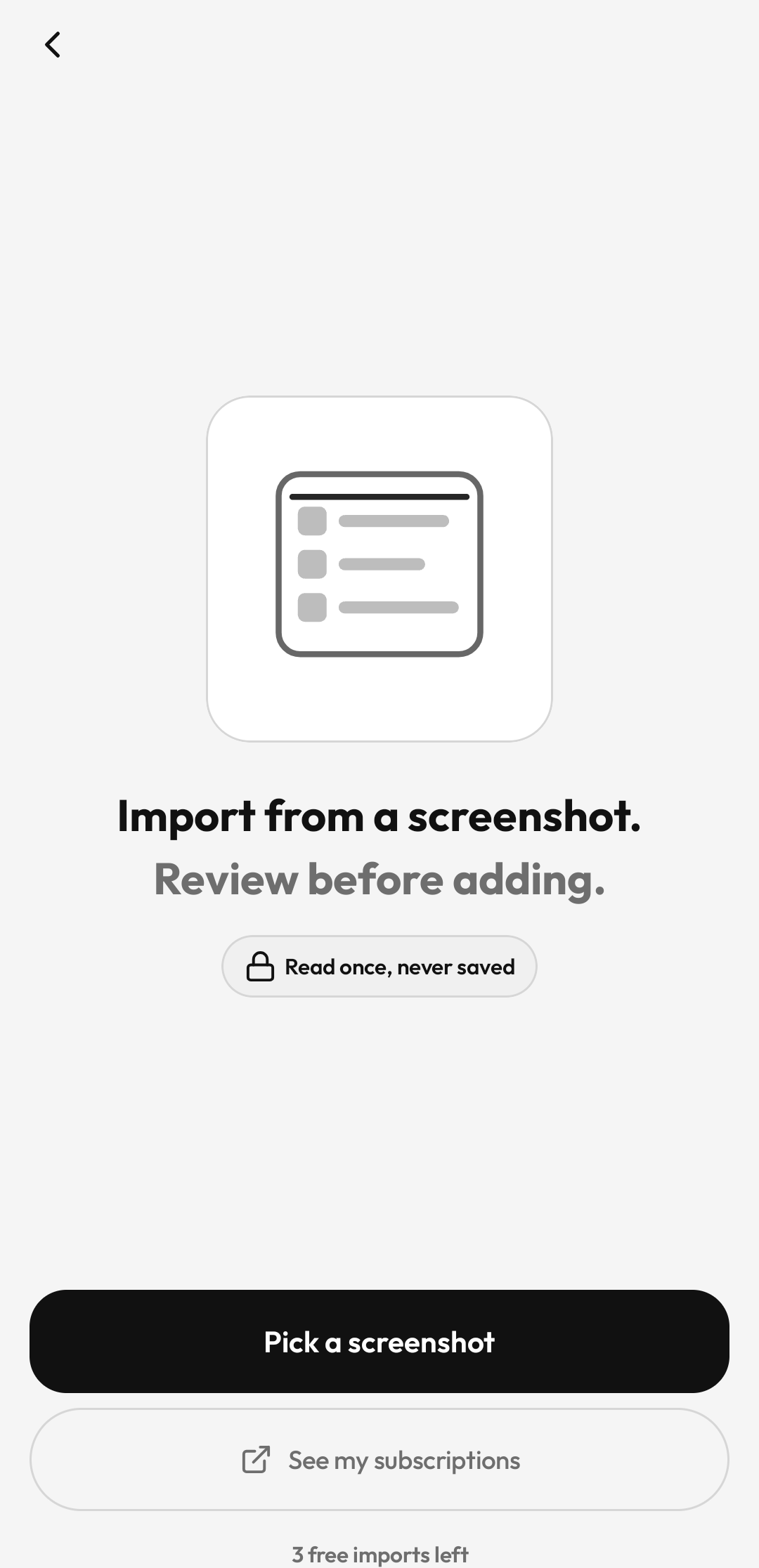 Suby import screen — review subscriptions read from a screenshot before adding