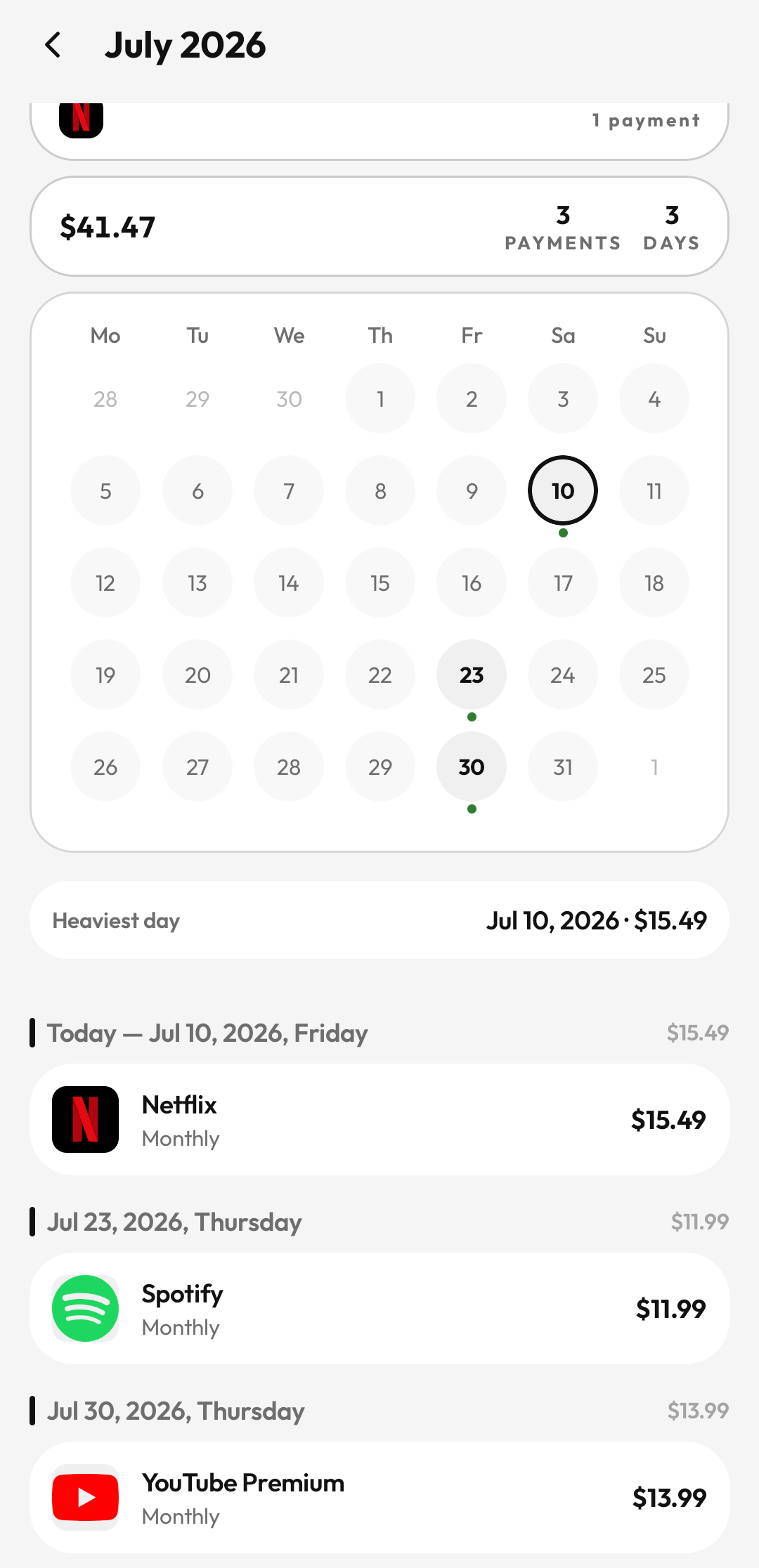 Suby payment calendar with every renewal marked for the month