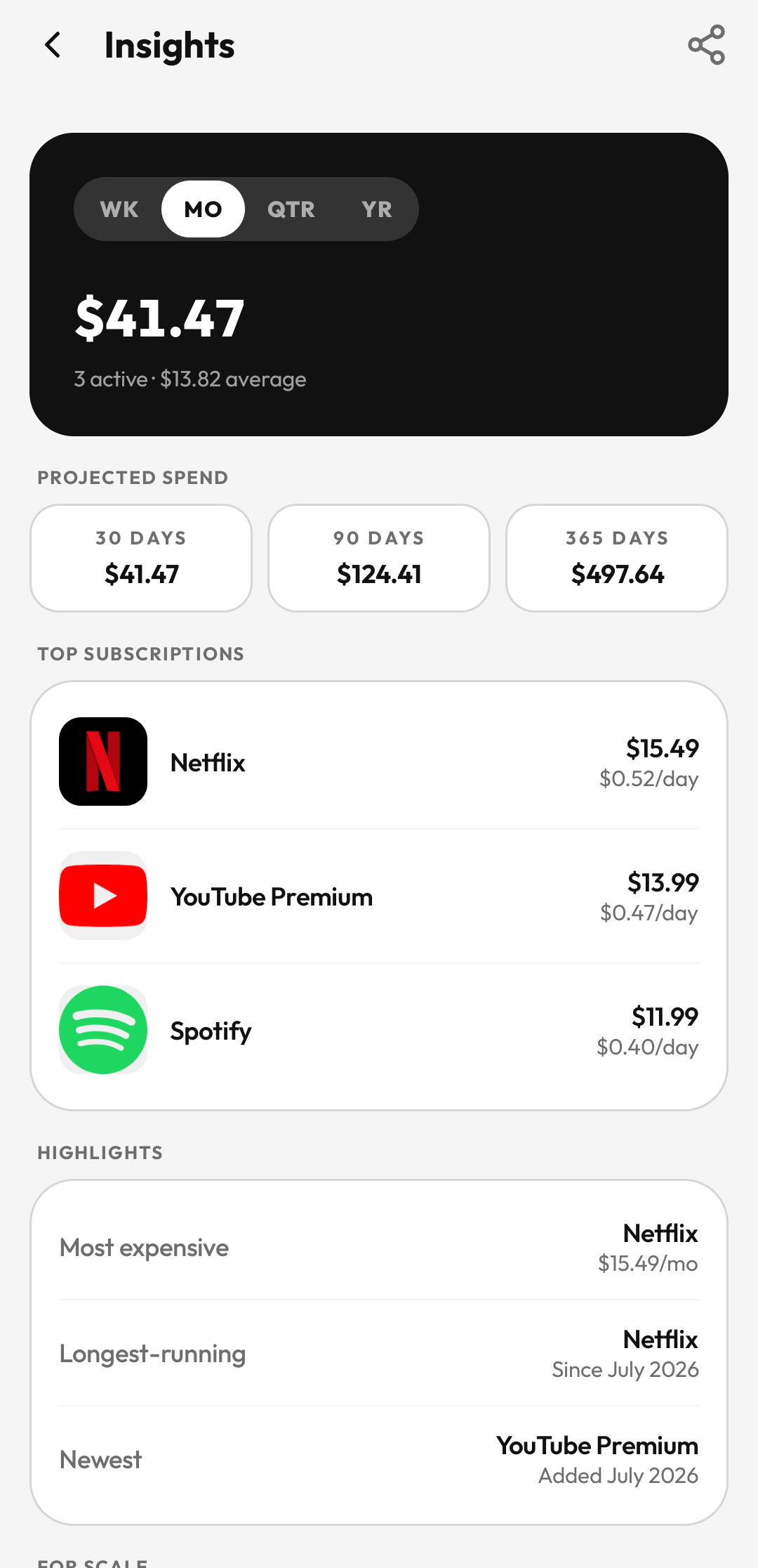 Suby insights with monthly total, projected spend, and top subscriptions