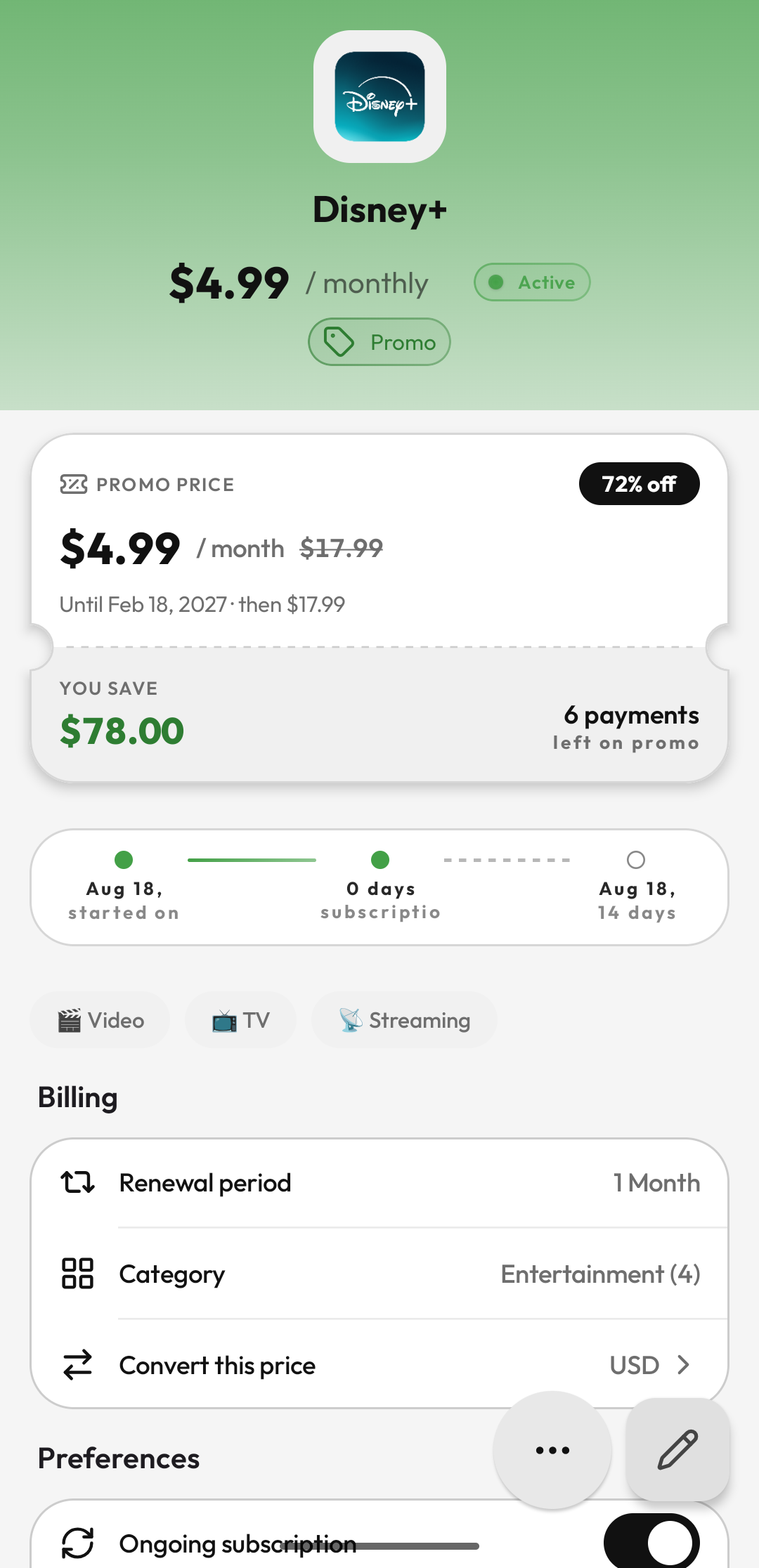 Suby subscription details showing the promo ticket: the intro price, the regular price it becomes, and the date it changes