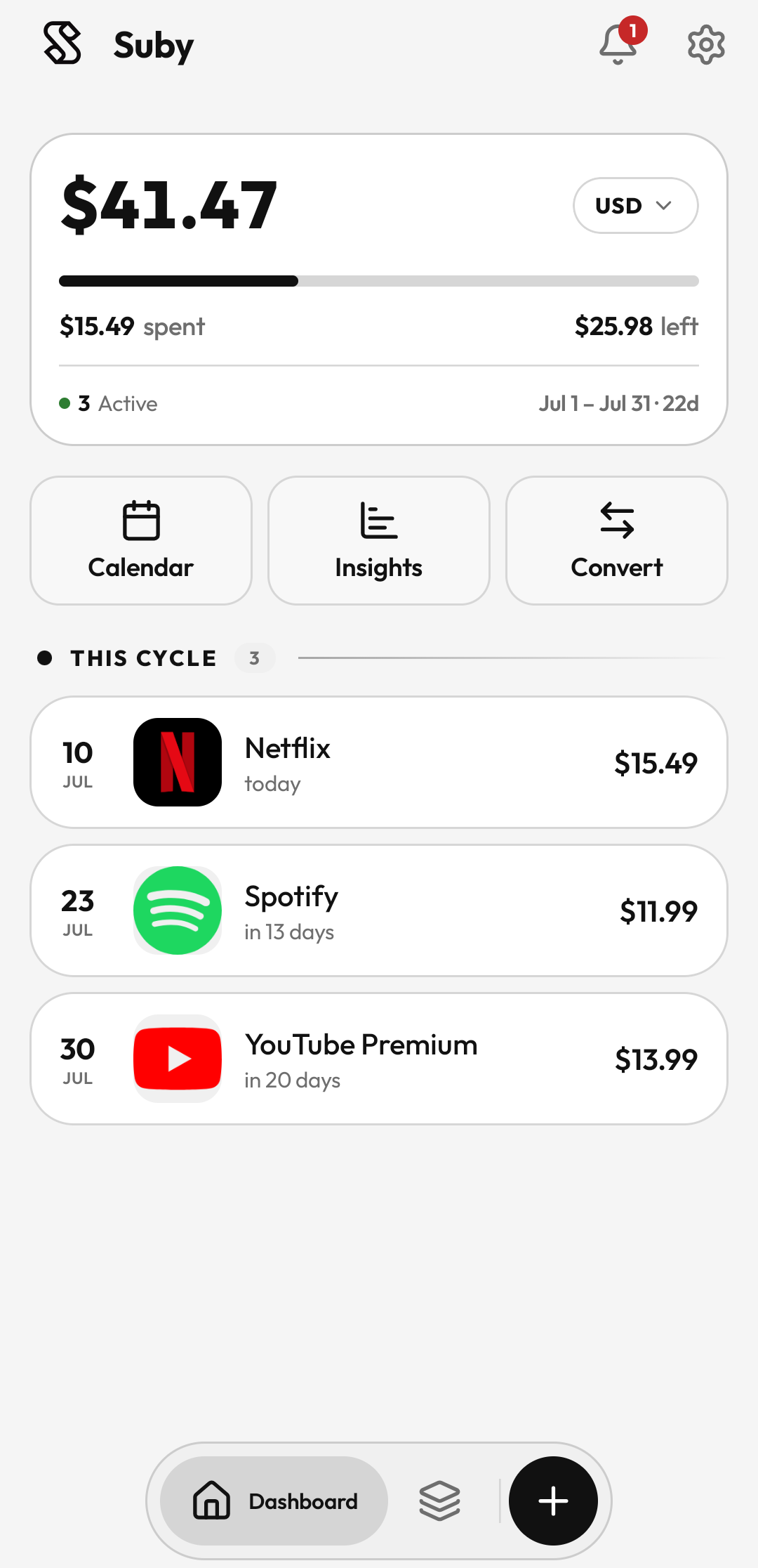Suby dashboard showing total monthly spend, upcoming renewals, and active subscriptions