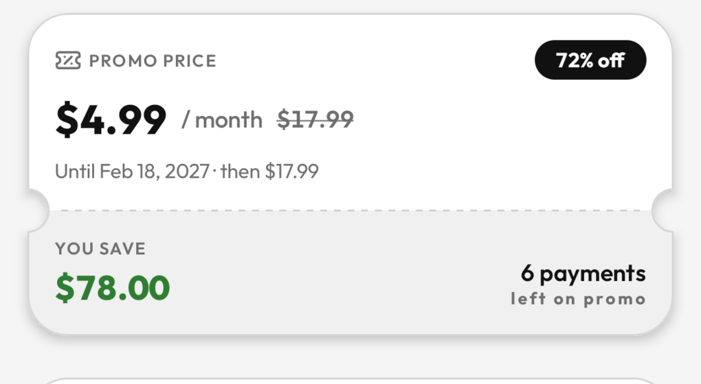 Suby subscription details showing the promo ticket: the intro price, the regular price it becomes, and the date it changes