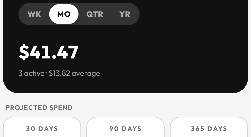 Suby insights with monthly total, projected spend, and top subscriptions