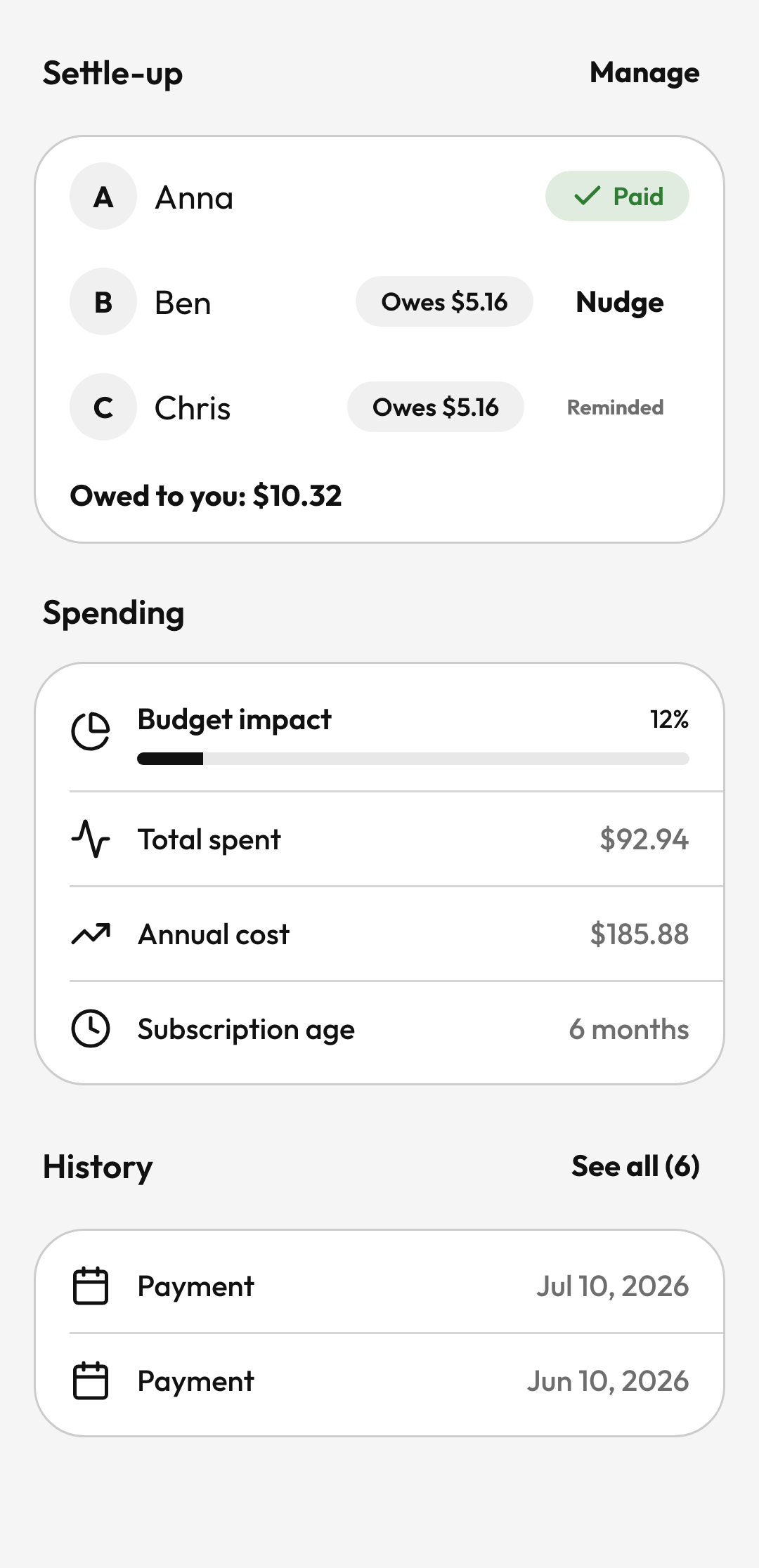 Suby settle-up list showing who has paid their share of a shared subscription