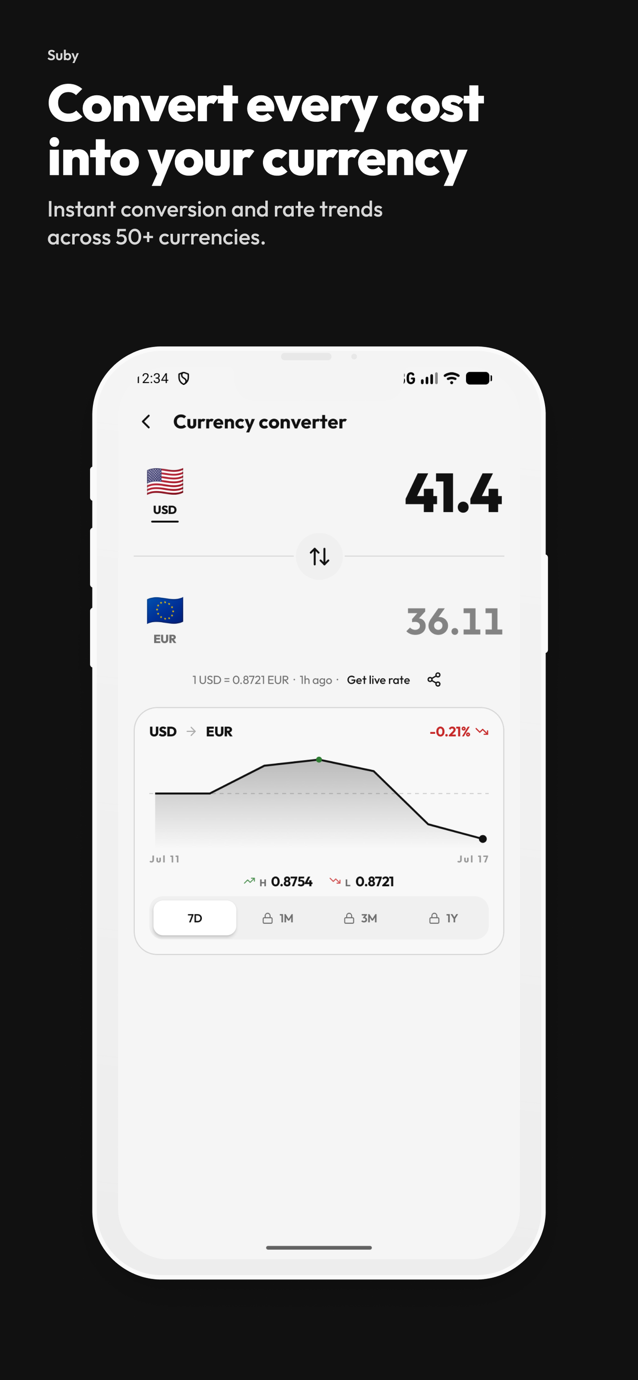 Track subscriptions in any currency with live rates
